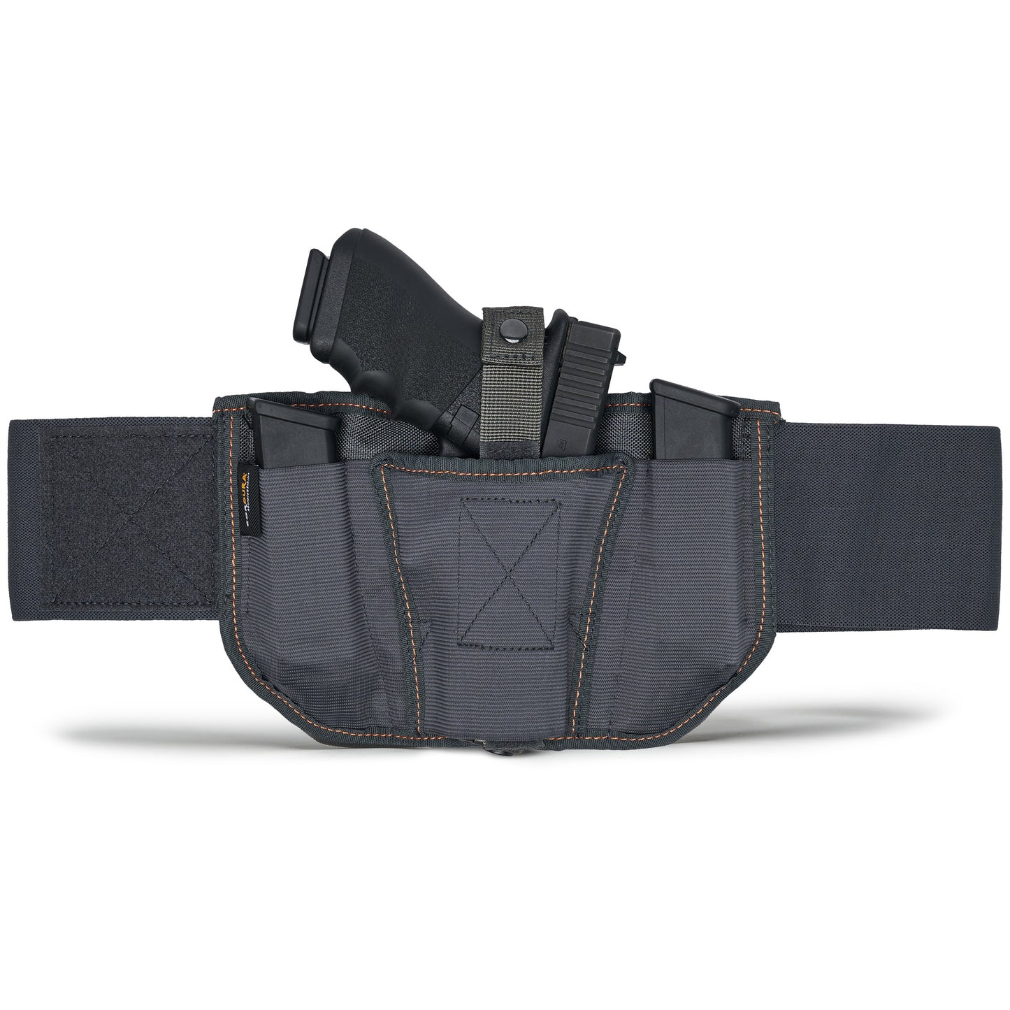 The VNSH Holster in gray color with a gun in it and two extra mags in each pocket