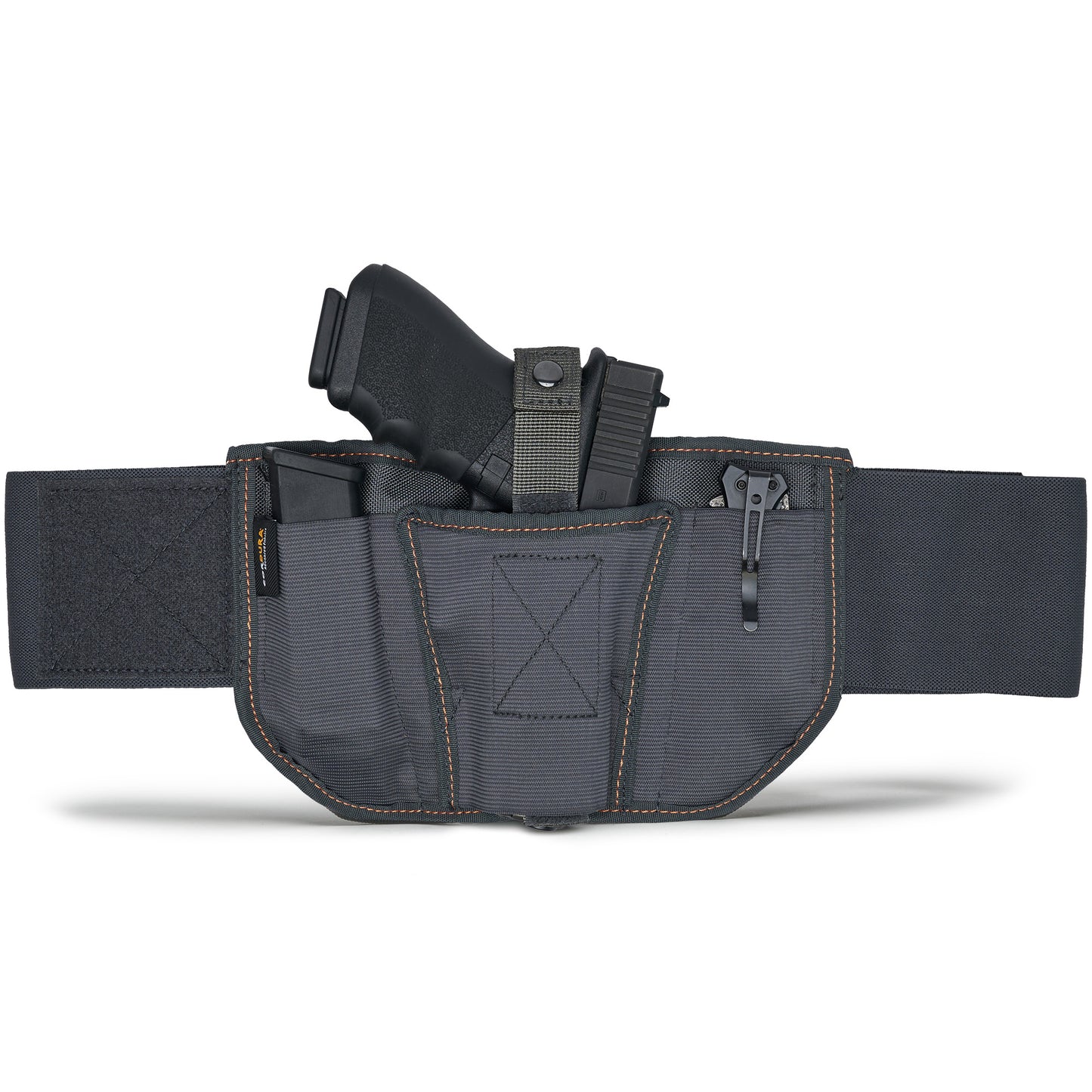 The VNSH Holster in gray color with a gun in it, an extra mag in the left pocket, and a pocket knife in the right pocket