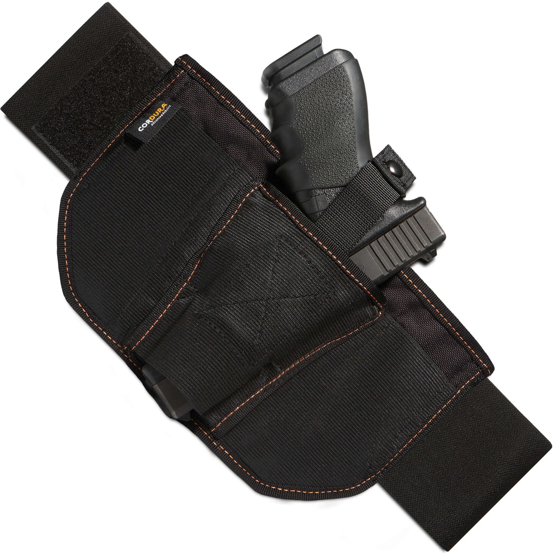 Tilted view of VNSH Black Holster with a gun in it