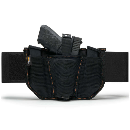 Front view of the VNSH Black Holster with a gun in it and two extra mags in each pouch
